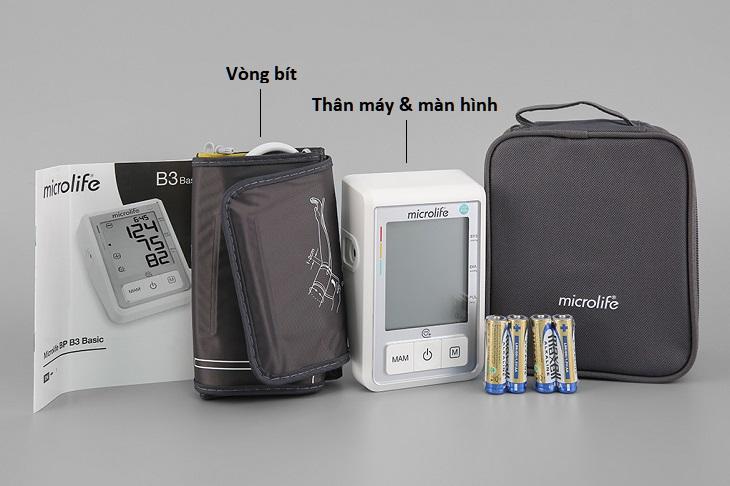 Máy đo huyết áp cơ gồm bóng bơm hơi, vòng bít và đồng hồ đo huyết áp